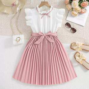 7-15 Years Old White & Pink Ruffle Top & Pleated Skirt Dress Children Fashion Short-Sleeved Dress Solid Color Girl Kids Fashion