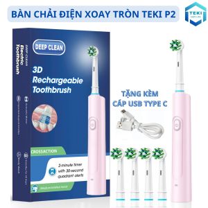 Bàn Chải Đánh Răng Điện Xoay Tròn Cao Cấp TEKI P2 Kèm 4 Đầu Bàn Chải 3 Chế Độ Làm Sạch Xoay 45 Độ Sạc TYPE C Tiện Lợi