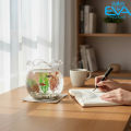 Bình Cá Thủy Tinh Mini Dáng Tròn Miệng Lượn Sóng 11cm B7 – Bể Cá Để Bàn Trang Trí Tặng Kèm Sỏi Và Rong Mô Hình. 