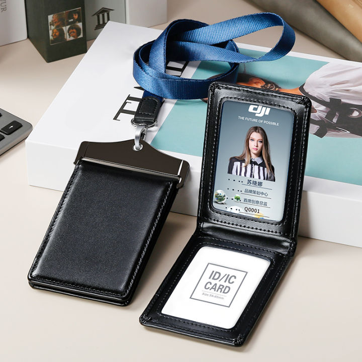 Genuine Leather ID Badge Holder with Neck Lanyard Formal Staff Office Worker Supplies Work Card ...