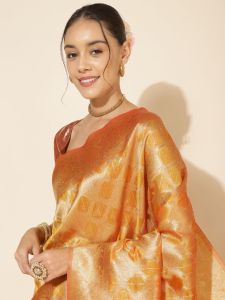 [Ready SG Stock] Yellow Organza Woven Ethnic Motifs Saree with attached Blouse Material - Indian saree