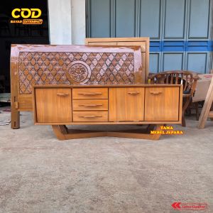BUFFET CREDENZA KAYU JATI UKIR MEWAH JEPARA - Minimalis Modern 3 Pintu 3 Laci | Furniture Premium