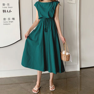 10 Colors Korean Style Plus Size Literary O-neck Dress Women Casual Loose Cotton Linen Big Swing Skirt Long Skirt㏇0701