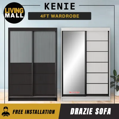 Living Mall Kenie Series 4FT 2-Door Sliding Door Wardrobe in White Wash or Walnut in 5 Design