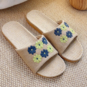 [Free Shipping] Machine-Embroidered WomenS New Linen Slippers For Summer Home Use CoupleS Indoor Soft-Soled Non-Slip Sandals For Men In Summer