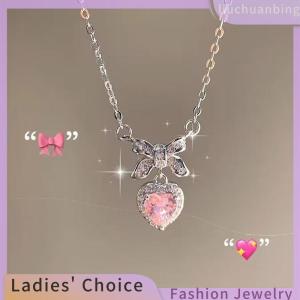 [Hot Sale Jewellery]liuchuanbing Zircon Bowknot Heart Pendant Necklaces Pink Heart Ladies Girls Fashion Elegant Clavicle Chain For Women Jewelry