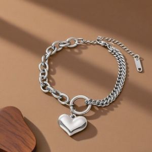 😊พร้อมส่ง😊สร้อยข้อมือโซ่ห้อยจี้หัวใจ ขนาดใหญ่ ไทเทเนียม แฟชั่นเกาหลี