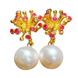 KJ1342 ต่างหูตุ้งติ้งช่อปะการังประดับทับทิม ประดับมุก แป้นเสียบติดหู