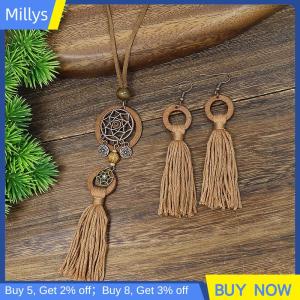 Millys Bohemian Vintage Style Fringe Pendant Wood Circle Design Long Necklace Earrings Jewelry