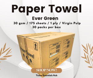 [1 Box - 30 packs] Evergreen Interfolded Paper Towel Virgin Pulp 30 gsm 175 pulls (Premium Quality)