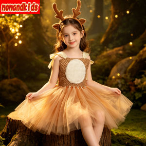 11.11 Xmas Themed Voluminous Mesh Dress with Deer Motif Lightweight Kids Party Gown for Winter Masquerade Holiday Role Play Fancy Wear h2610