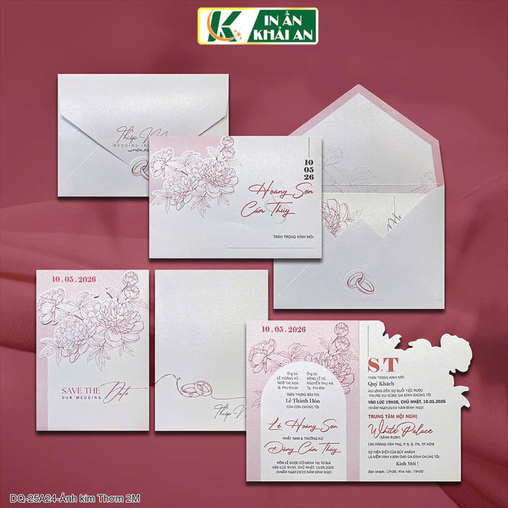 [KA-25A24] Thiệp cưới ngang màu hồng, chất liệu giấy ánh kim, kích ...