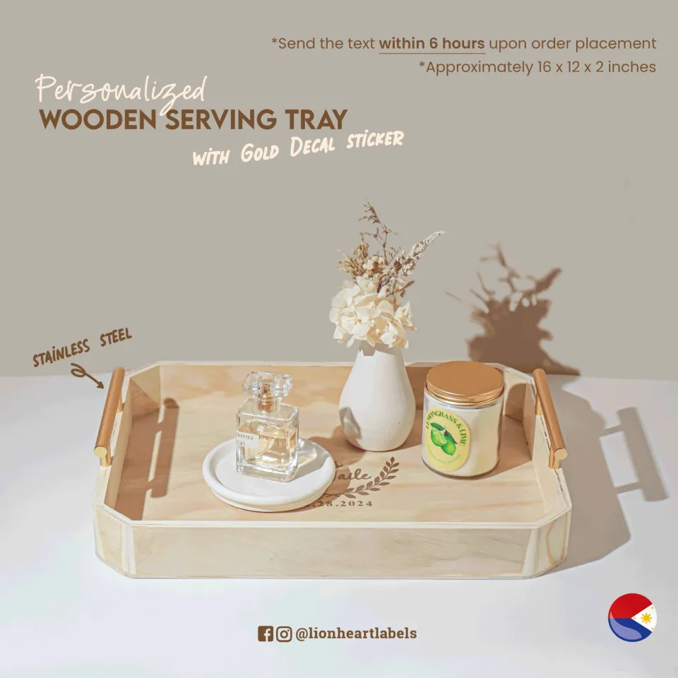 Large & Modern] Personalized Wooden Serving Tray with Gold Stainless Steel  Handles 16 x 12 x
