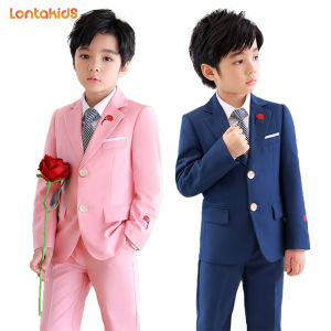 lontakids ชุดสูทชุดสูทสำหรับเด็กผู้ชายทางการสำหรับเด็ก3ชิ้นชุดสูทสีชมพูเข้ม (เสื้อเบลเซอร์ + กางเกง + เนคไท) ชุดชุดสุภาพบุรุษสำหรับเด็กวัยหัดเดินชุดวันเกิดงานแต่งงาน