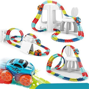【USA Hot 】Flexible Assembled Track Electric Light Rail Car Variable Inverted High-Speed Electric Track Car with Light Glow in The Dark Bendable Rainbow Race Track Set for kids gift