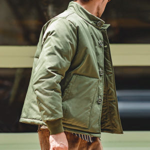 Maden Thương hiệu dụng cụ phong cách 2025 mùa đông Sản phẩm mới người đàn ông trẻ cứng rắn người đàn ông Nhật Bản retro đứng lên cổ áo dày A1 Áo Khoác Bomber cotton đơn ngực áo khoác nam