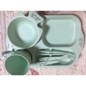 [New Arrival]6pcs per set Baby Dinosaur Tableware Plate Dinner Bowl Wheat Stem Feeding Dish Kids food bowls with Cup and Spoon