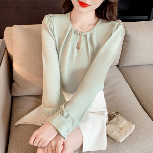 Ammin 2024 Mùa Xuân/Mùa Hè Rỗng Thời Trang Cổ Điển Đính Cườm Khóa đĩa cổ tròn Thiết Kế Đơn Giản màu trơn tay áo dài áo voan Phụ Nữ Ngọt Ngào tay áo phồng Cổ Điển Áo Blouse thanh lịch