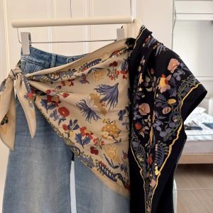 NOBLELYN Multi-functional Floral Triangle Scarf Silk Satin Matching Pants Decorative Headscarf Fashion Womens Necktie Summer