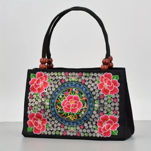 Embroidered Handbag Double Zipper Bag Womens Printed Handbag