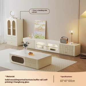 [Cozy ]Cream Style TV Cabinet Simple Modern TV Console Solid Wood Drawer Cabinet White Floor to TV Cabinet