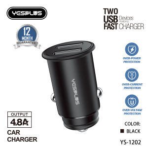【YESPLUS】CAR CHARGER YS-1202 4.8A 2USB SAVER SMALL STEEL CANNON DAN KABEL DATA ORIGINAL