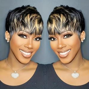 10A Side Part Pixie Cut Wigs for Black Women Natural 1B Color Short Layered Pixie Cut Human Hair Wig With Bangs Glueless Chic Elegent Thick and Full Wear and Go Wig