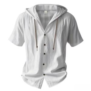 Cotton Linen Shirt for Men Hooded Short Sleeve Solid Color Breathable Lightweight Drawstring Design Shirts Casual Basic Tees2026