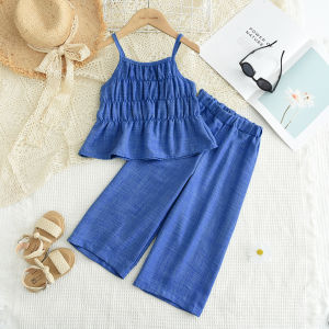 Bear Leader Girls Sets Kids Imitation Denim Clothing 2024 New Summer Solid Color Sling Tops and Wide Leg Pants 2 Pieces Clothes Sets Baby Grils Casual Costumes