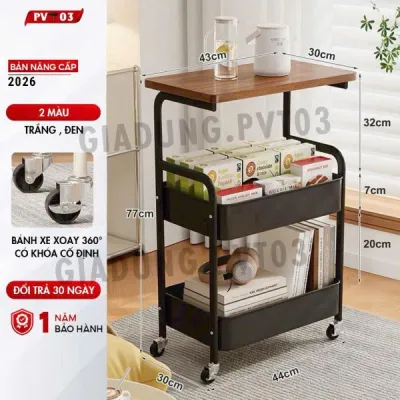 Kệ Đa Năng 3 Tầng Màu Đen Bằng Kinh Loại Mặt Bàn Gỗ MDF Xe Đẩy Spa 3 Tầng