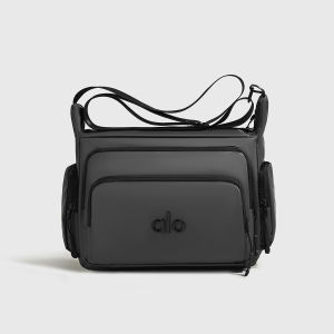 Solid Matte Black Alo Multi Layer Crossbody Camera Bag Embossed Front Logo Dual Side Mesh Pockets Double Front Zip Compartments Waterproof Neoprene Adjustable Thin Strap Women Gym Yoga Daily Commute Functional Shoulder Sling Bag