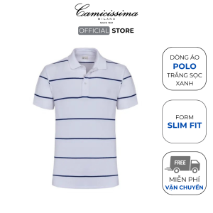 ( Mới ) Áo Polo Nam Cao Cấp CAMICISSIMA Trắng Viền Xanh Vải Cotton Đơn Giản Thanh Lịch Form Slim Fit - POLOSFWHIBL5022