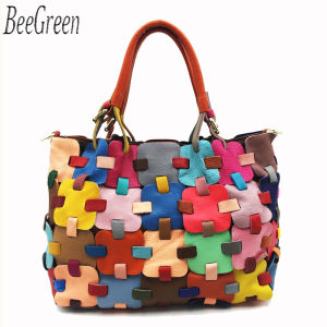 BeeGreen Women Soft Real Leather Tote Bag High Quality Multicolor Patchwork Handbag Large Capacity Shoulder Bag