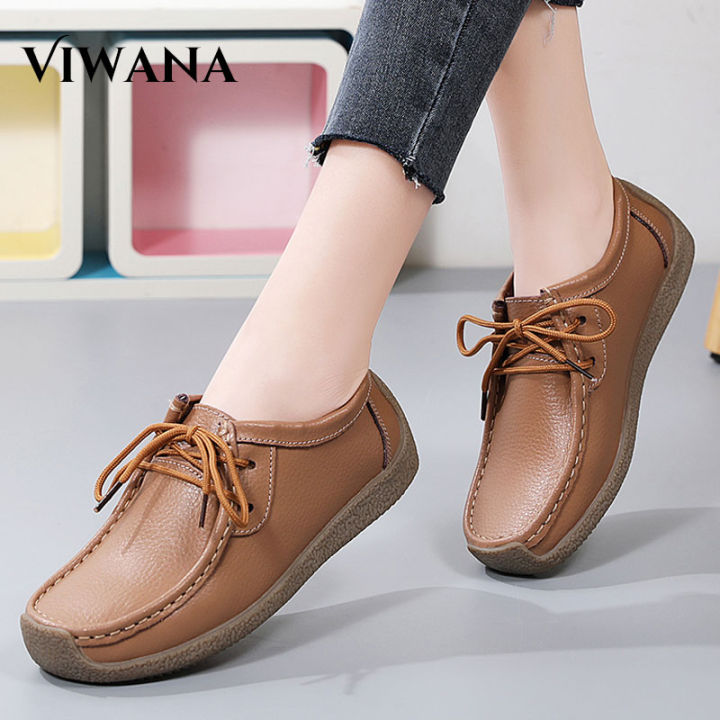 VIWANA Flat Shoes For Women Genuine Leather Casual Shoes Korean