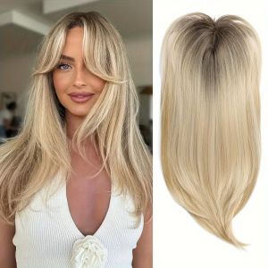 SDFSF Straight Layered Hair Topper with Bangs Clip in Ombre Natural Topper Hairpieces Invisible 22 Inch Synthetic Hair Toppers for Women