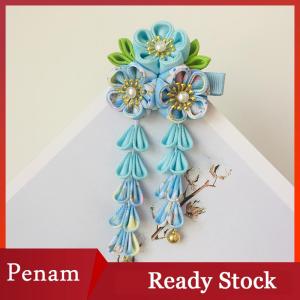 [PAM] Japanese Kimono Fabric Flower Folding Fan Children Hair Accessories Clip Tassel Headwear Headdress Barrette
