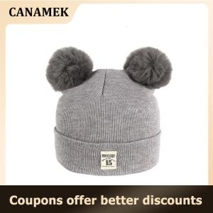 【 CANAMEK 】 Winter Children Warm Baby Knitted Hats With Pom Pom Kids Knit Beanie Hats Solid Color Infant Hat For Boys Girls