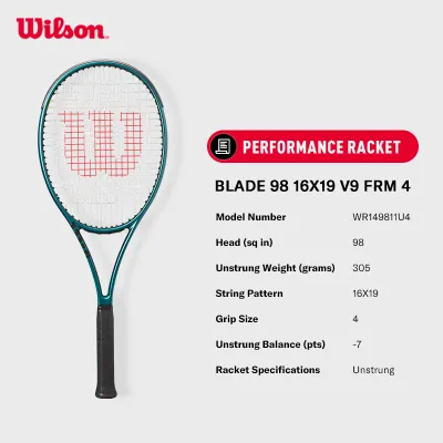 Wilson Blade 98 V9 Performance Graphite Tennis Racket - High-Quality Unstrung 16x19 String Count WR149811