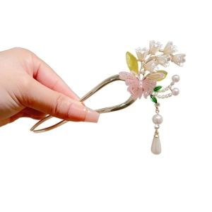 AZDH คลาสสิกคลาสสิก ส้อมผมรูปตัวยู สง่างามเรียบหรู วินเทจ ปิ่นปักผมดอกไม้ผีเสื้อ อุปกรณ์เครื่องประดับอัญมณี ความรู้สึกขั้นสูง คลิปผมจีน สำหรับผู้หญิง