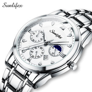 Sunlifex Jam Tangan Pria Original Tampilkan Tanggal Bercahaya Tali Stainless Steel Jam Tangan Cowok 9004A