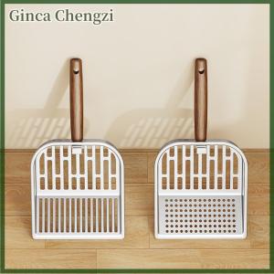 Ginca Stainless Steel Cat Litter Scoop Long Wooden Handle Pet Waste Shovel Cleaning Tool Long Handled Hollow Shovel Cats Supplies