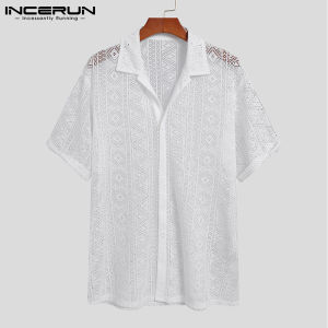 INCERUN Oversized Polo for Men Short Sleeve Casual Loose Shirt Lace Fabric See-through Korean Shirts Premium Quality