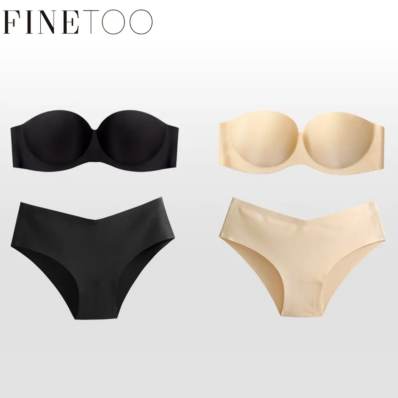 FINETOO Seamless Sexy Lingerie Set Strapless Bra V-shaped Ice Silk Panties  Summer Comfortable Underwear Set for Women