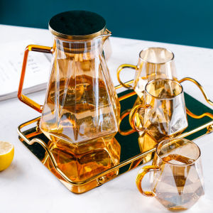 【Soft Lip Shop】  Luxury Nordic Diamond Glass Pitcher with 4 Cups High Heat & Cold Resistant Tea Cup Kettle Set Juice Water Amber Glassware Drinkware