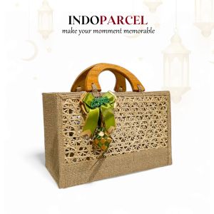INDOPARCEL - Tas Hampers Lebaran Anyaman Goni Handle Kayu Kombinasi Anyaman Bambu Bungkus Kemasan Tas Kado Goodie Bag Hari Raya Idul Fitri Viral Terbaru