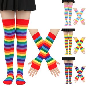 MINFEN High Striped Long Rainbow Socks Gloves Cotton Over Knee Rainbow Long Gloves Sweet Colorful Striped Overknee Socks Women Girls