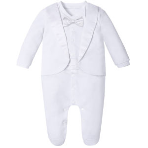 A&J DESIGN Christening Outfit for Baby Boy White Baptismal Clothes Infant Birthday Photography Tuxedo Gentleman Wedding Formal Footie 0-9 Months Newborn Long Sleeves Full Moon Dress