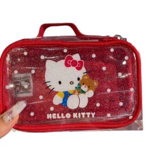 EchoBliss Hello Kitty กระเป๋าเครื่องสำอาง PVC ใสเงาพิมพ์ลายการ์ตูนกันน้ำแบบพกพากระเป๋าใส่ของซัก