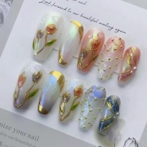 [HANDMADE]Artificial Nail 3D Hand-Painted Tulip Stroke Gradient Mesh Phototpy Nails Reusable and Removable Nails