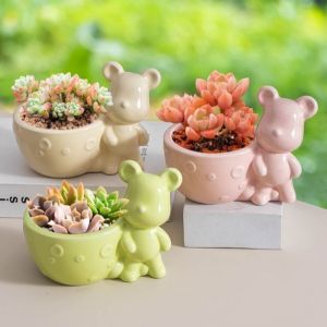 MSHNXA Creative Ceramic Bear Flowerpot with Hole Mini Small Bonsai Pots Flower Pot Home Decoration Animal Succulent Planter for Garden